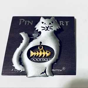 JJ Cat with fish pewter & brass pin/brooch